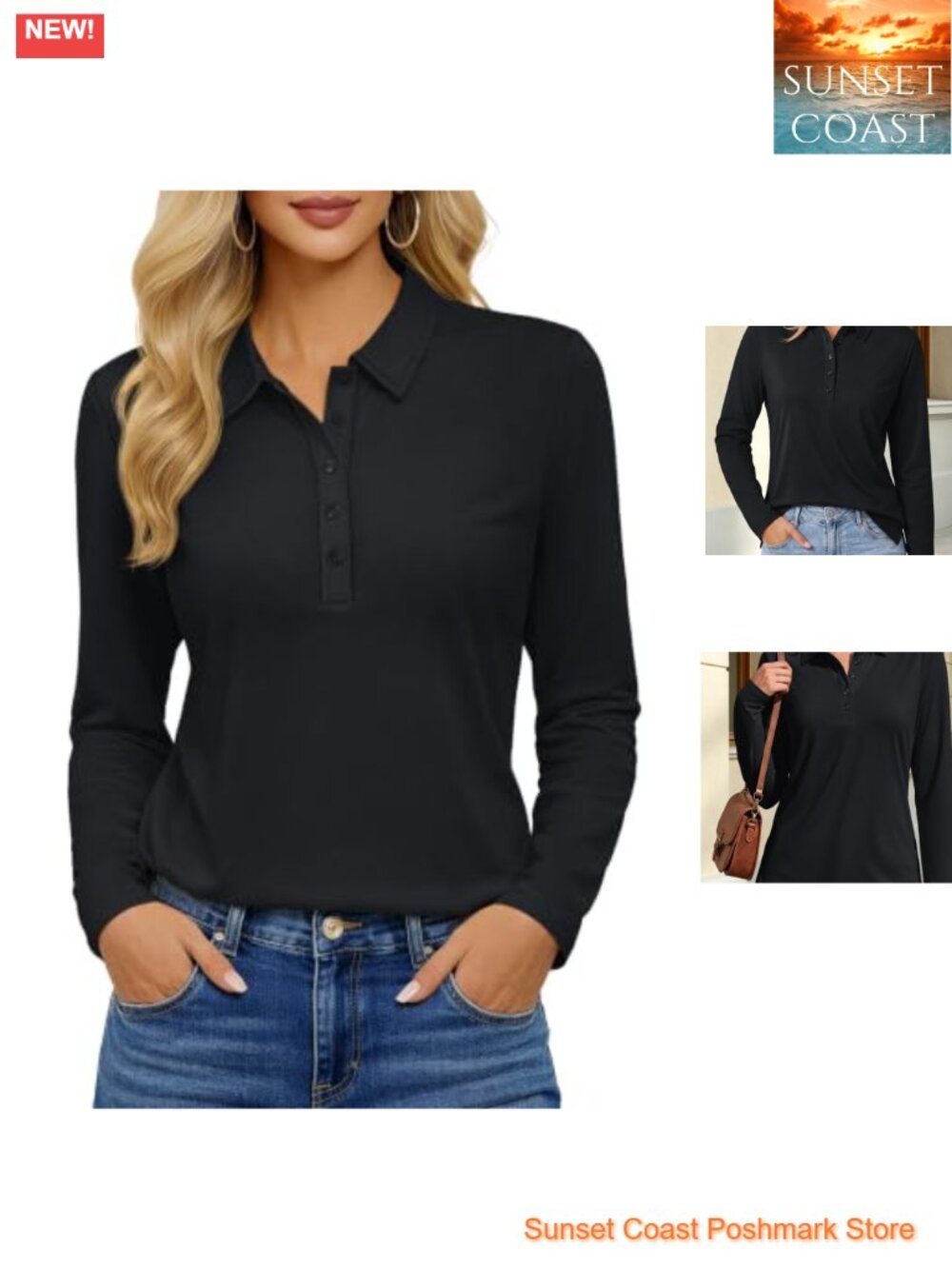 Long Sleeve Polo Shirt 5-Button Collared Golf Top for Women